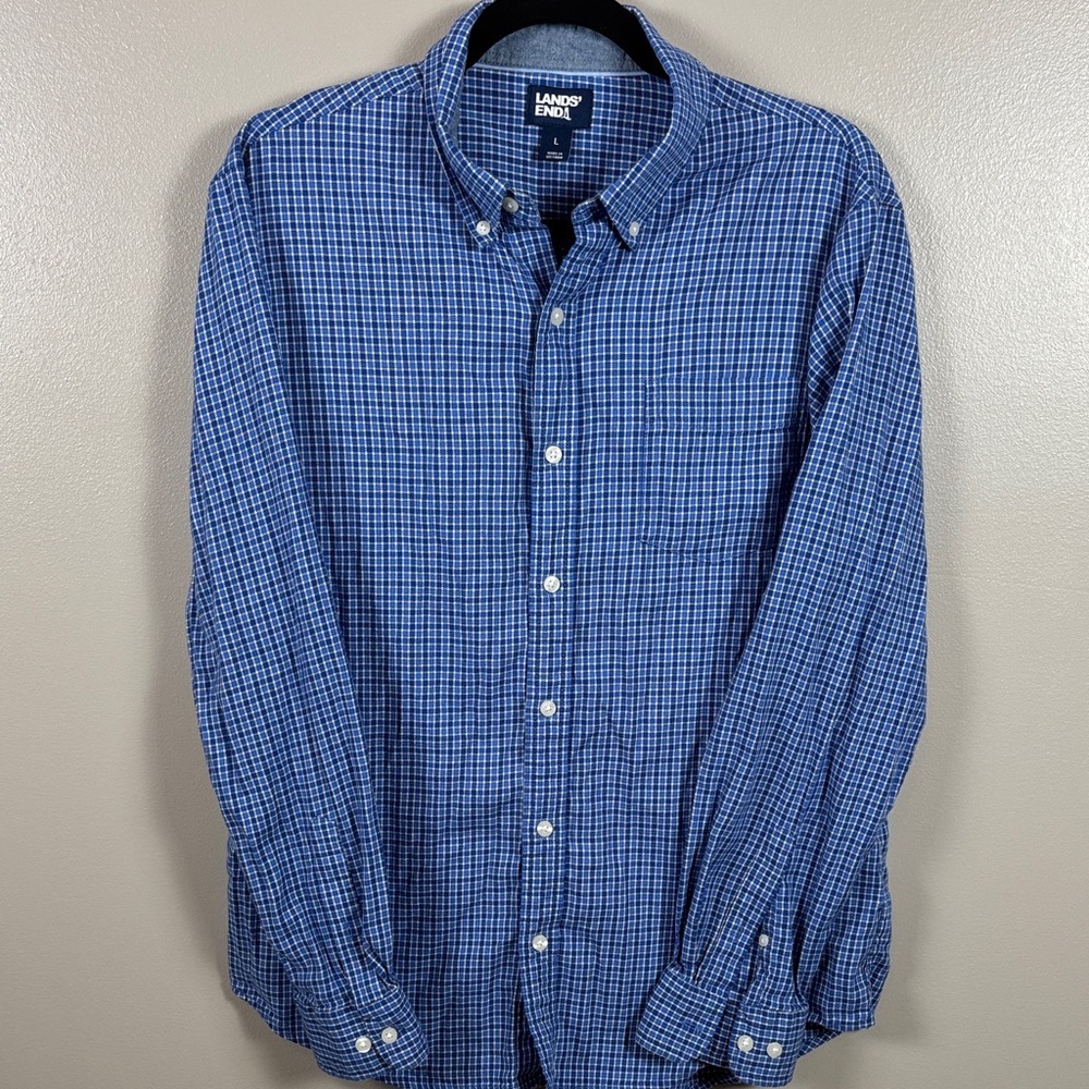 Lands' End Men's Blue Checkered Button-Down Shirt